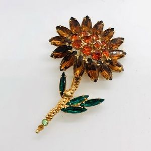 Vintage Large Flower Stem rhinestone Brooch